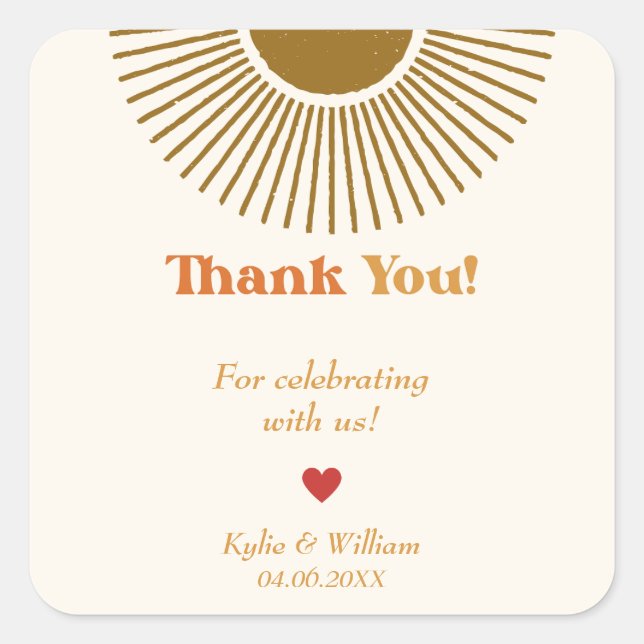Personalized Minimal Retro Sun Family Thank You Square Sticker (Front)