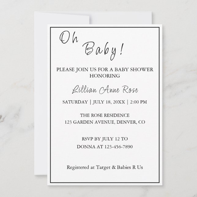 Personalized Minimalist B&W Oh Baby! Shower Invitation (Front)