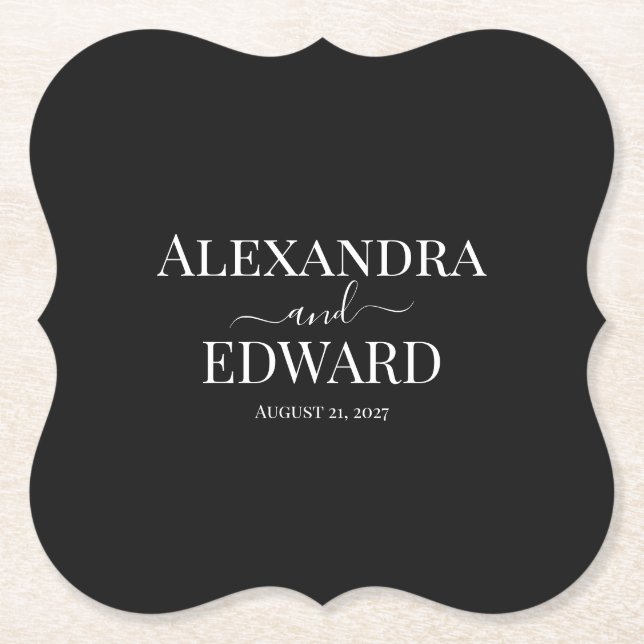  Personalized Minimalist Black and White Wedding Paper Coaster (Front)