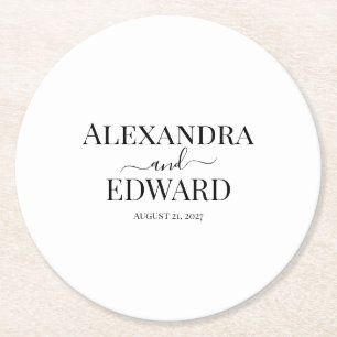 Personalized Minimalist Black and White Wedding Round Paper Coaster
