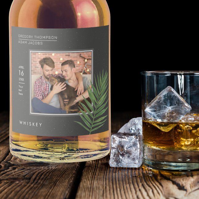 Personalized Minimalist Black Tropical Palm Photo Liquor Bottle Label (Creator Uploaded)