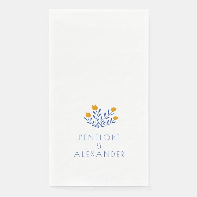 Personalized Minimalist Blue Yellow Flower Wedding Napkin (Front)