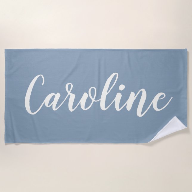 Personalized Minimalist Calligraphy Name in Blue Beach Towel (Front)