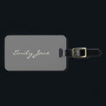 Personalized Minimalist Elegant Script Destination Luggage Tag<br><div class="desc">Add a touch of elegance to every journey with this personalized luggage tag, featuring a custom name in flowing white script on a soft grey background. Clean, minimalist, and effortlessly stylish, it’s perfect for honeymooners, jet-setting bridesmaids, or anyone who loves polished travel accessories. Makes a thoughtful bridal party favour, graduation...</div>