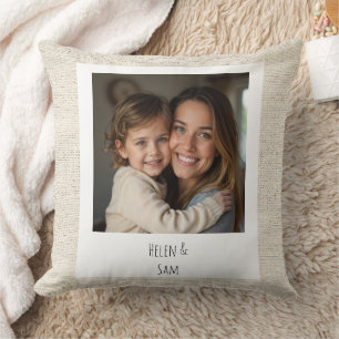 Personalized Minimalist Family Photo Faux Burlap Throw Pillow