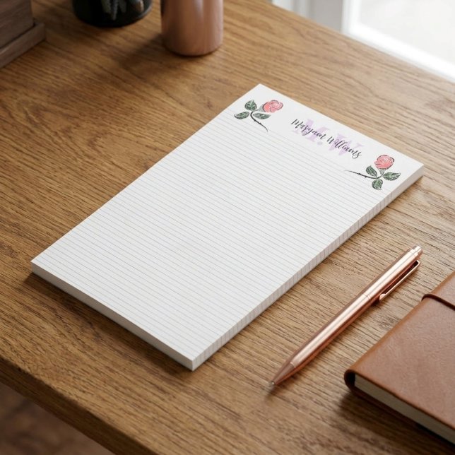 Personalized Minimalist Floral Lined Monogram Name Post-it Notes (personalized lined sticky note pad, custom initial floral memo notes, personalized floral desk stick)