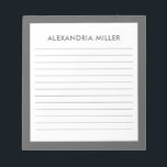 Personalized Minimalist Grey Name Lined Notepad<br><div class="desc">Stay organized and stylish with this personalized grey notepad. The minimalist design features your name in a simple yet elegant font at the top of the page, while the lined paper helps you keep your thoughts in order. The grey background adds a touch of sophistication to your everyday note-taking. Perfect...</div>