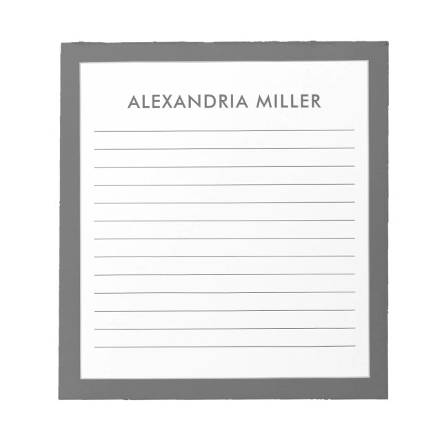 Personalized Minimalist Grey Name Lined Notepad (Front)