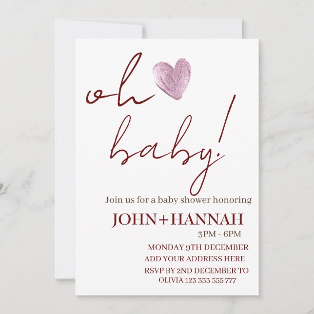 Personalized Minimalist Oh Baby Co-ed Baby Shower  Invitation (Front)