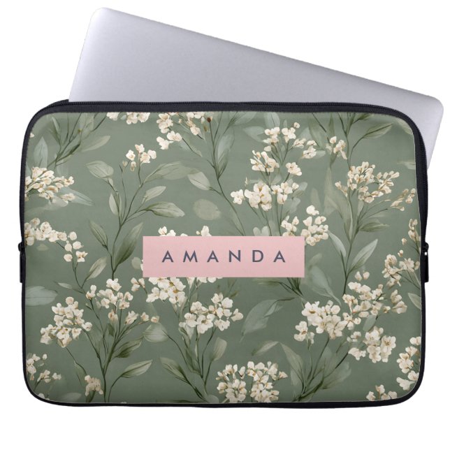 Personalized Minimalist Sage Floral Art  Laptop Sleeve (Front)