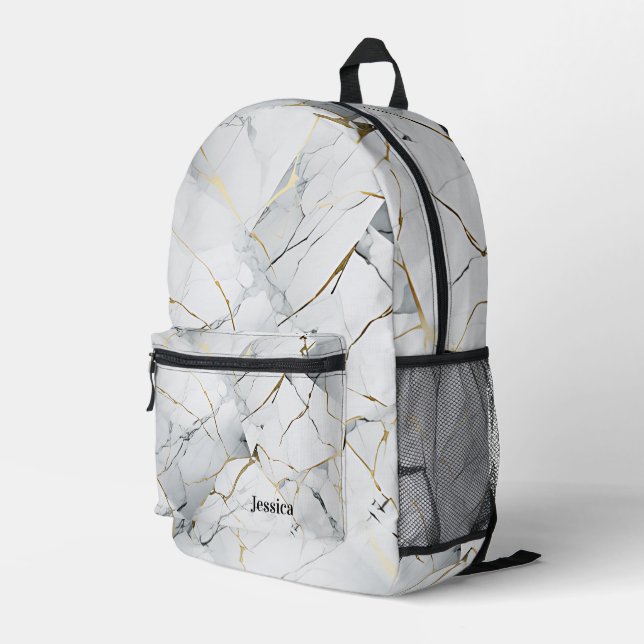 Personalized Minimalistic White Marbled  Printed Backpack (Back Corner Right)