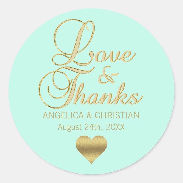 Personalized MINT Gold LOVE & THANKS Wedding Classic Round Sticker (Front)