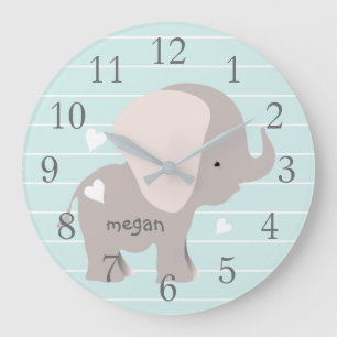 Personalized Mint Gray Elephant Nursery Wall Clock