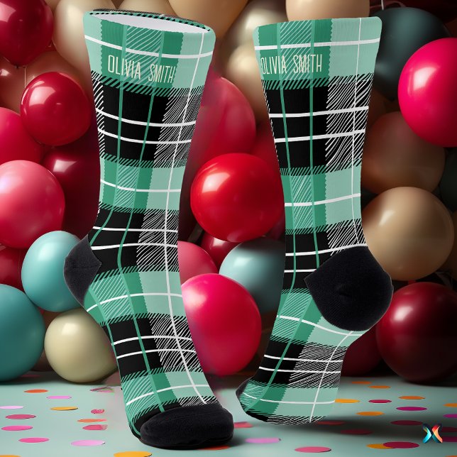 Personalized Mint Green and Black Tartan Plaid  Socks (Creator Uploaded)
