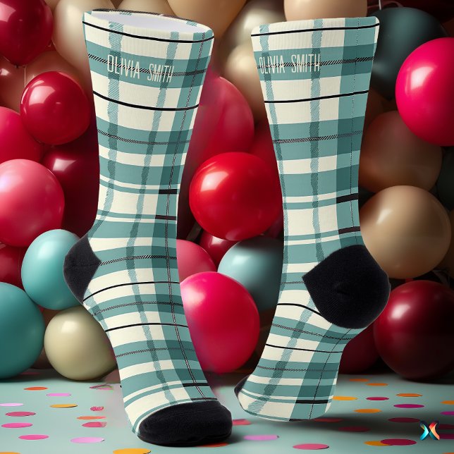 Personalized Mint Green and Cream Tartan Plaid  Socks (Creator Uploaded)