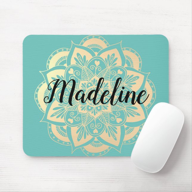 Personalized Mint Green and Gold Mandala Flower Mouse Pad (With Mouse)