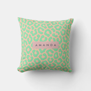 Personalized Mint Green and Peach Leopard Print Throw Pillow