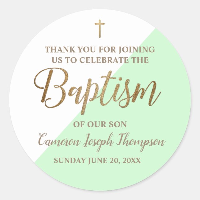 Personalized mint green Baby boy baptism thank you Classic Round Sticker (Front)