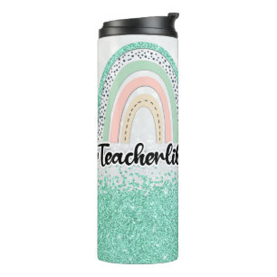 Personalized Mint Green Glitter Teacher Life   Thermal Tumbler