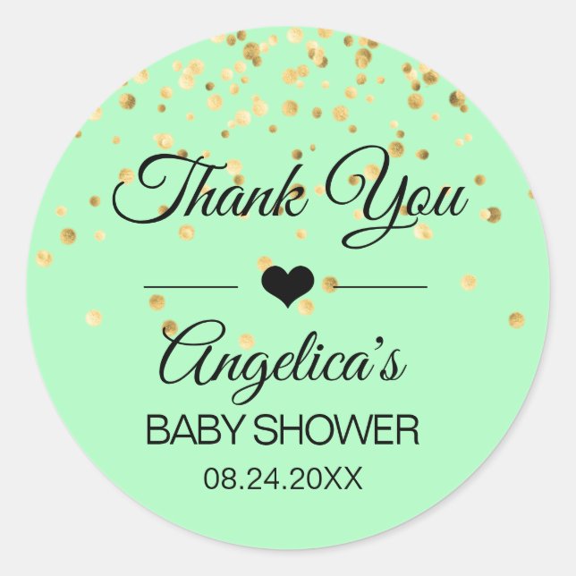 Personalized Mint Green & Gold Baby Shower Labels (Front)