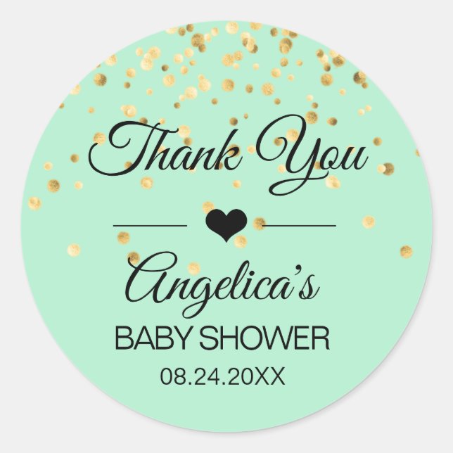 Personalized Mint Green Gold Baby Shower Labels (Front)