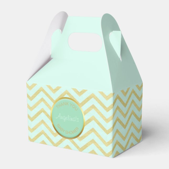 Personalized Mint Green Gold Foil Chevron Pattern Favor Box (Front Side)