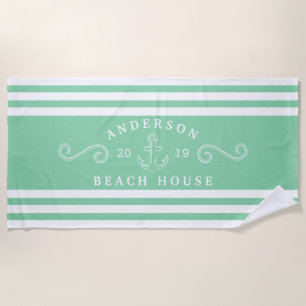 Personalized Mint Green Nautical Beach House Towel
