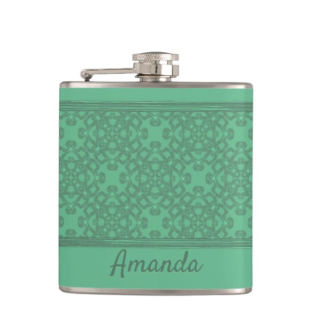 Personalized mint green pattern hip flask (Front)