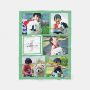 Personalized Mint Green Photo Collage Monogrammed Fleece Blanket