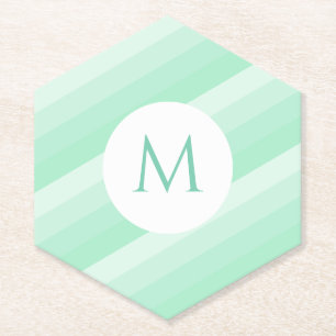 Personalized Mint Green Stripes Modern Monogram Paper Coaster
