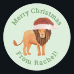 Personalized Mint Merry Christmas Santa Lion Classic Round Sticker<br><div class="desc">This cute personalized Mint Merry Christmas Santa Lion classic round sticker will give your gifts a personal touch easily. You can edit the text if you click on the customize button and change the font style, colour and text. Your presents will have a unique personal touch with this pink Santa...</div>