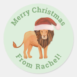 Personalized Mint Merry Christmas Santa Lion Classic Round Sticker