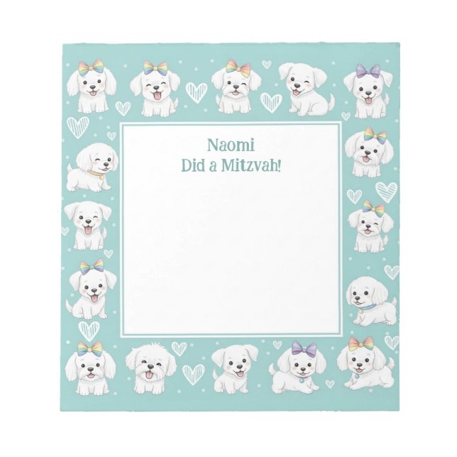 Personalized Mitzvah Note Notepad Mint Puppies (Front)