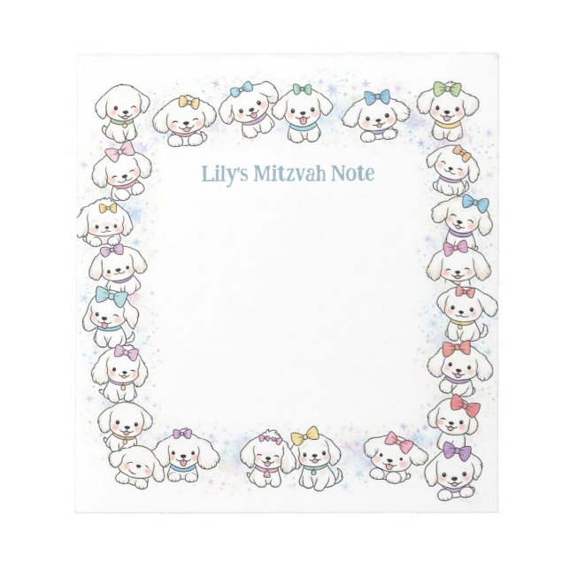 Personalized Mitzvah Note Notepad White Puppy Dogs (Front)
