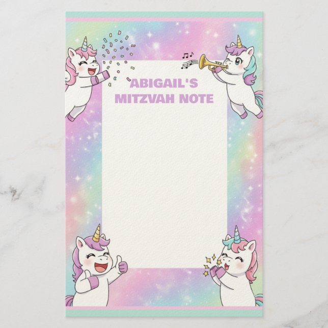 Personalized Mitzvah Note Pink Cute Unicorn Stationery (Front)