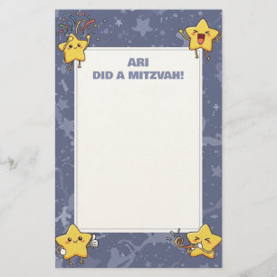 Personalized Mitzvah Note Purple Cheering Stars Stationery
