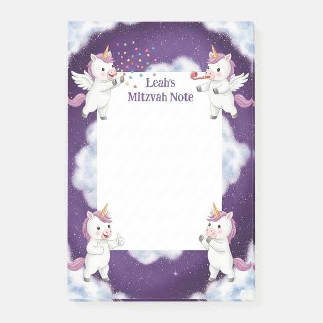 Personalized Mitzvah Note Purple Unicorn Notepad (Front)