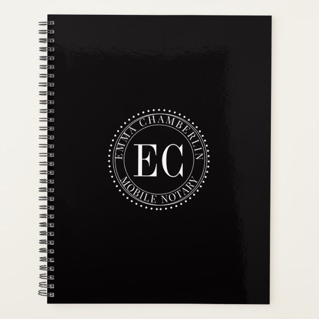 Personalized Mobile Notary Public Seal Logo Black Planner (Front)
