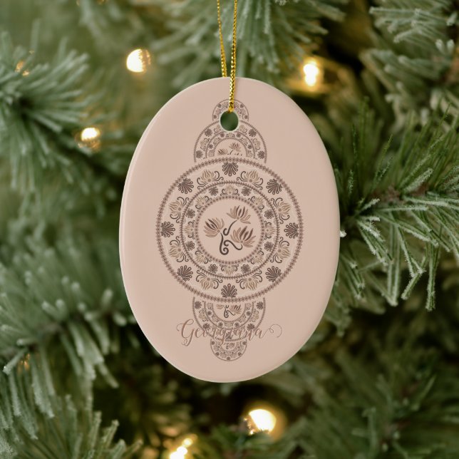 Personalized Mocha Rococo Lotus Ornamental Mandala Ceramic Ornament (Tree)