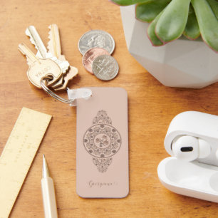 Personalized Mocha Rococo Lotus Ornamental Mandala Keychain