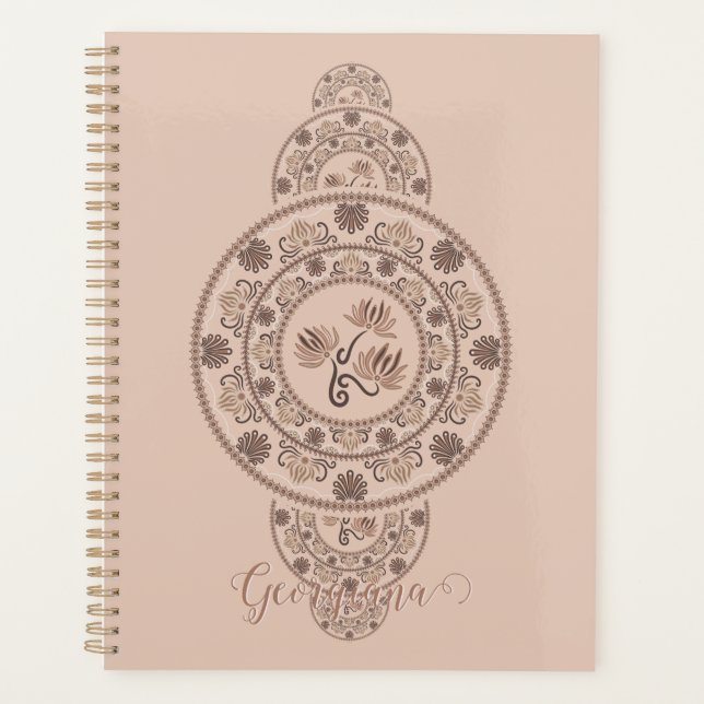 Personalized Mocha Rococo Lotus Ornamental Mandala Planner (Front)
