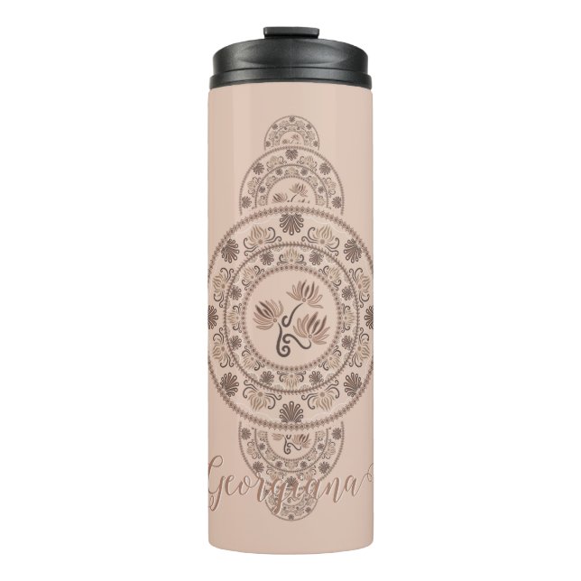 Personalized Mocha Rococo Lotus Ornamental Mandala Thermal Tumbler (Front)