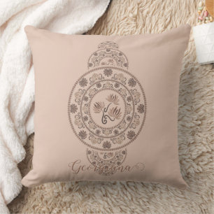 Personalized Mocha Rococo Lotus Ornamental Mandala Throw Pillow