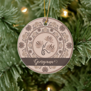 Personalized Mocha Rococo Revival Dot Mandala Ceramic Ornament