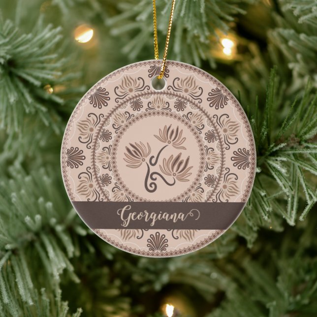 Personalized Mocha Rococo Revival Dot Mandala Ceramic Ornament (Tree)