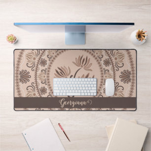 Personalized Mocha Rococo Revival Dot Mandala Desk Mat