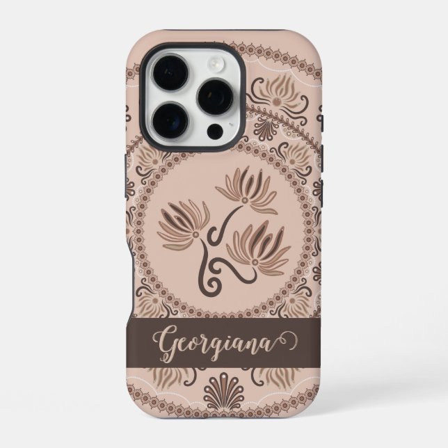 Personalized Mocha Rococo Revival Dot Mandala iPhone Case (Back)