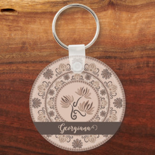 Personalized Mocha Rococo Revival Dot Mandala Keychain