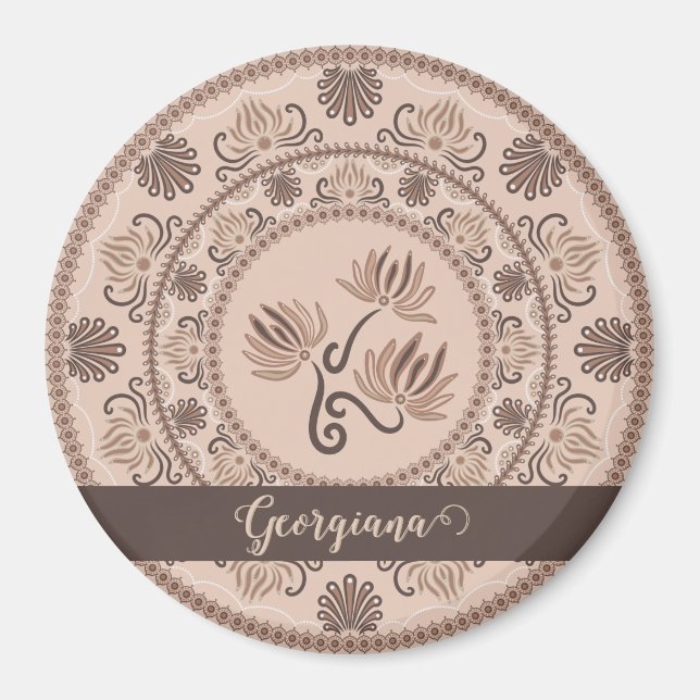 Personalized Mocha Rococo Revival Dot Mandala Magnet (Front)