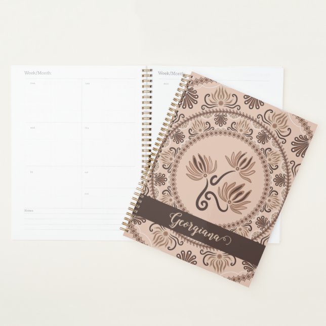 Personalized Mocha Rococo Revival Dot Mandala Planner (Display)